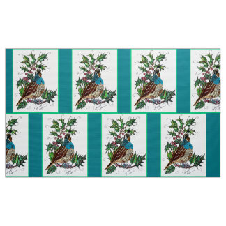 Blue Christmas Quail Fabric