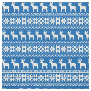 Blue Christmas Reindeer Snowflake Pattern Vintage Fabric