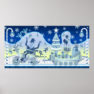 Blue Christmas Santa Claus Snowman Poster Tree