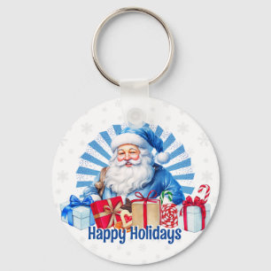 Blue Christmas Santa Vintage Happy Holidays Keychain