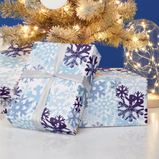 Blue Christmas Snowflakes Indigo Snowy White Wrapping Paper