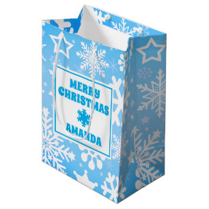 Blue Christmas Snowflakes Personalized Kids Medium Gift Bag