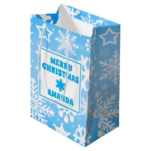 Blue Christmas Snowflakes Personalized Kids Medium Gift Bag (Front Angled)