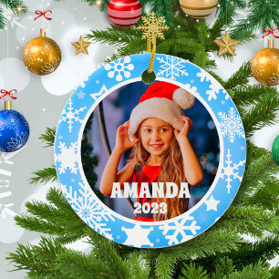 Blue Christmas Snowflakes Personalized Kids Photo Ceramic Ornament