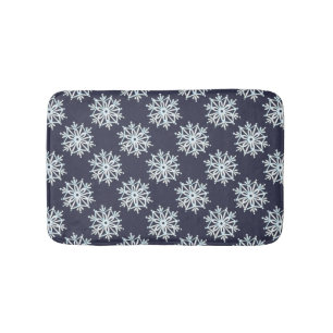 Blue Christmas Snowflakes, Winter Blizzard Pattern Bath Mat