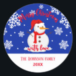 Blue christmas Snowman Snowflakes Classic Round St Sticker<br><div class="desc">Beautiful and Cute Christmas sticker. This sticker is inspired by Xmas eve,  Do you like snowflakes,  snowmen,  and blue colours?  if is so this paper may be for you! Click on personalize to start customizing!</div>