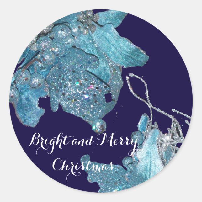 BLUE CHRISTMAS STAR , ELEGANT FLORAL IN SPARKLES CLASSIC ROUND STICKER (Front)