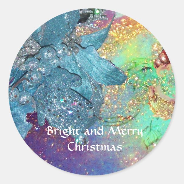 BLUE CHRISTMAS STAR , ELEGANT FLORAL IN SPARKLES CLASSIC ROUND STICKER (Front)