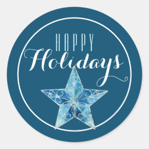 Blue Christmas Star Happy Holiday / Blue Classic Round Sticker
