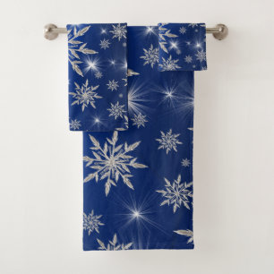 Blue Christmas stars with white ice crystal Bath Towel Set