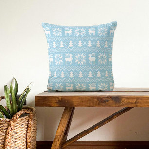 Blue Christmas Sweater Reindeer Poinsettias Design Throw Pillow