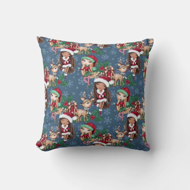 Blue Christmas Theme Adorable Elf Deer Throw Pillow (Front)