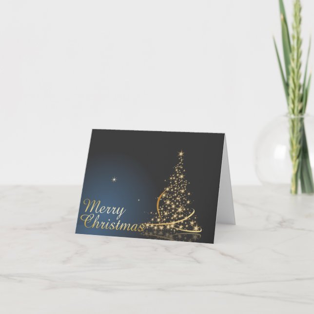 Blue Christmas Theme with golden Christmas Tree Card (Front)
