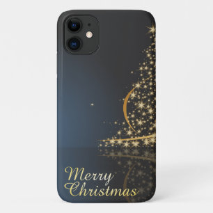 Blue Christmas Theme with golden Christmas Tree iPhone 11 Case