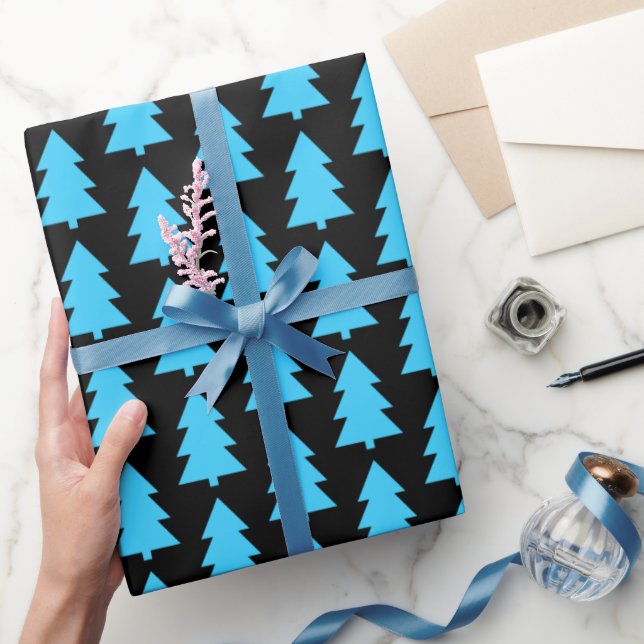 Blue Christmas Tree Abstract Simple Black Wrapping Paper (Gifting)