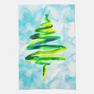 Blue Christmas tree abstract watercolor Kitchen Towel