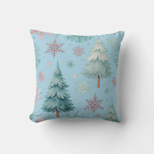 Blue Christmas Tree and Snowflake Throw Pillow