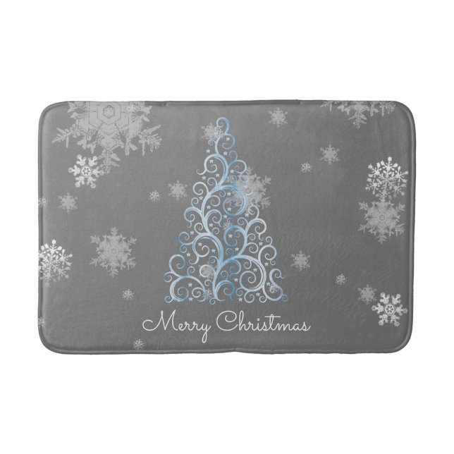 Blue Christmas Tree and Snowflakes Bath Mat (Front)