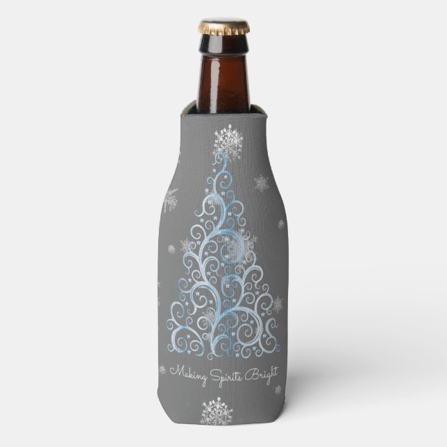 Blue Christmas Tree and Snowflakes Bottle Cooler (Bottle Front)