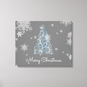 Blue Christmas Tree and Snowflakes Canvas Print