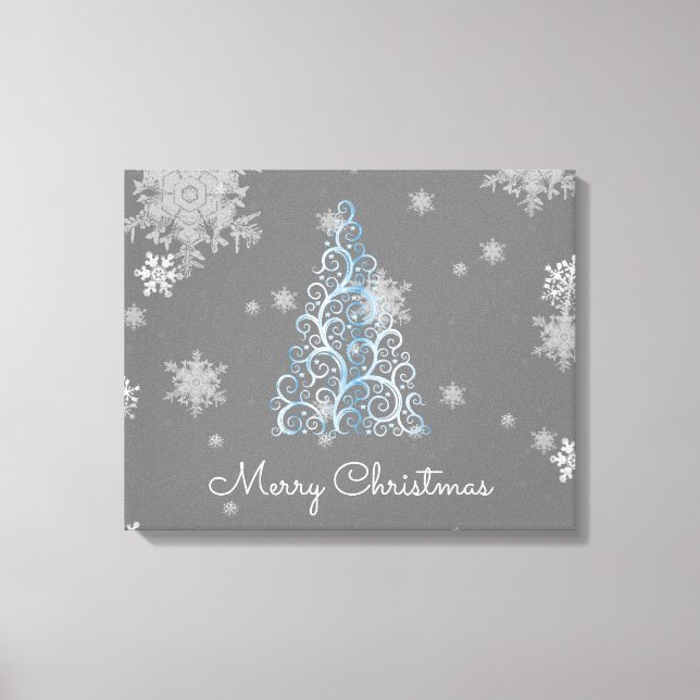 Blue Christmas Tree and Snowflakes Canvas Print (Front)