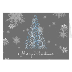 Blue Christmas Tree and Snowflakes Greeting Card