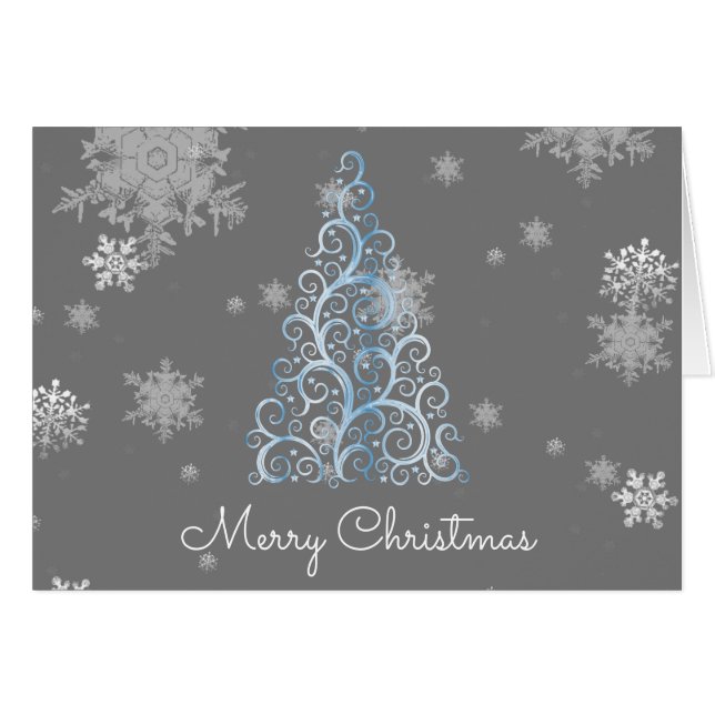 Blue Christmas Tree and Snowflakes Greeting Card (Front Horizontal)