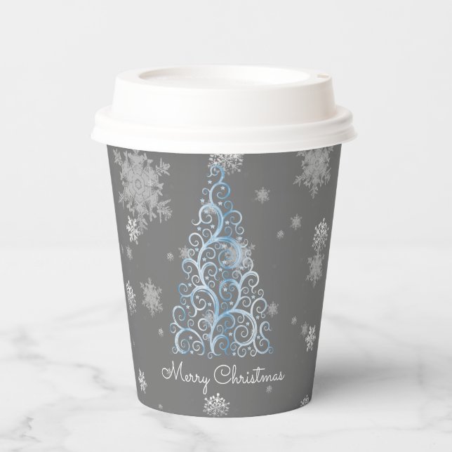 Blue Christmas Tree and Snowflakes Paper Cup (Front)