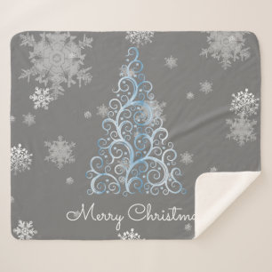 Blue Christmas Tree and Snowflakes Sherpa Blanket