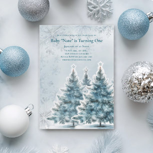 Blue Christmas Tree Baby 1st Birthday Invitation