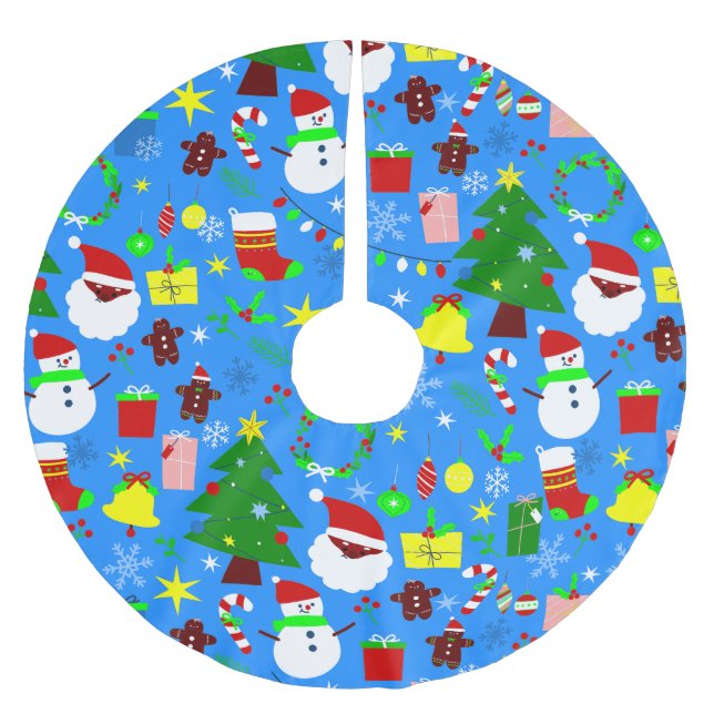 blue christmas tree black santa brushed polyester tree skirt (Front)