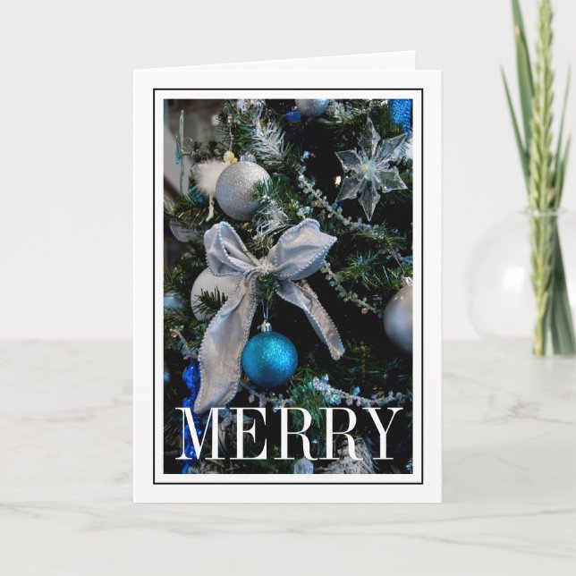 Blue Christmas Tree Decorations Holiday Card (Front)