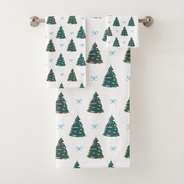 Blue Christmas Tree Farm Gift Wrap Bath Towel Set (Insitu)