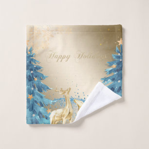 Blue Christmas Tree,Gold Reindeers,Snowflakes  Bath Towel Set