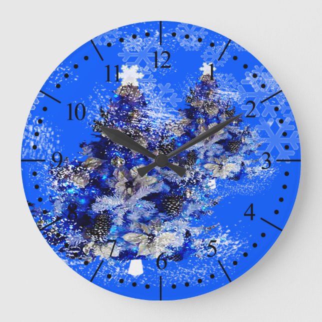 blue Christmas tree Large Clock (Front)