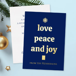Blue Christmas Tree Minimalist Love Peace Joy Foil Holiday Card