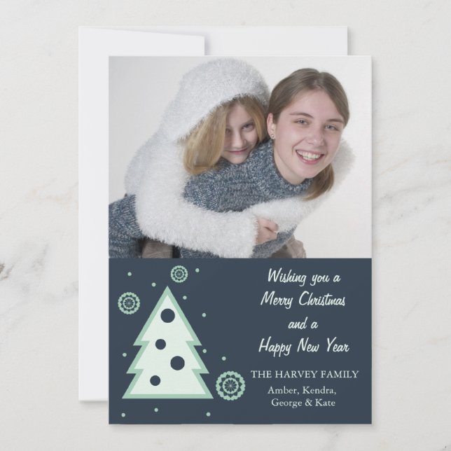 Blue Christmas tree n snowflakes holiday photocard (Front)