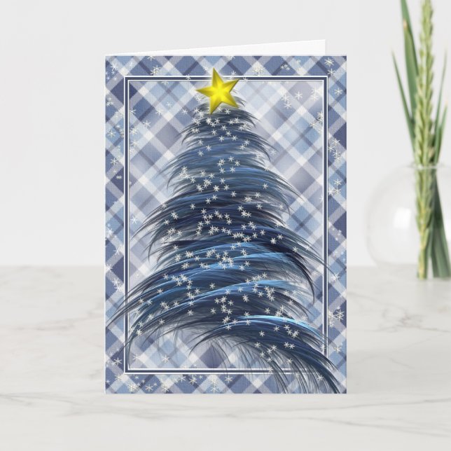 Blue Christmas Tree on Plaid Holiday Card (Front)
