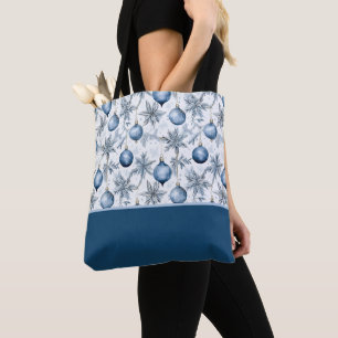 Blue Christmas Tree Ornaments Pattern Color Block Tote Bag