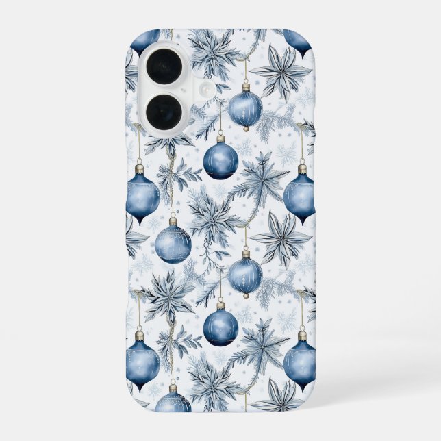Blue Christmas Tree Ornaments Pattern iPhone 16 Case (Back)