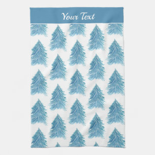 Blue Christmas Tree Pattern Watercolor Holiday Kitchen Towel