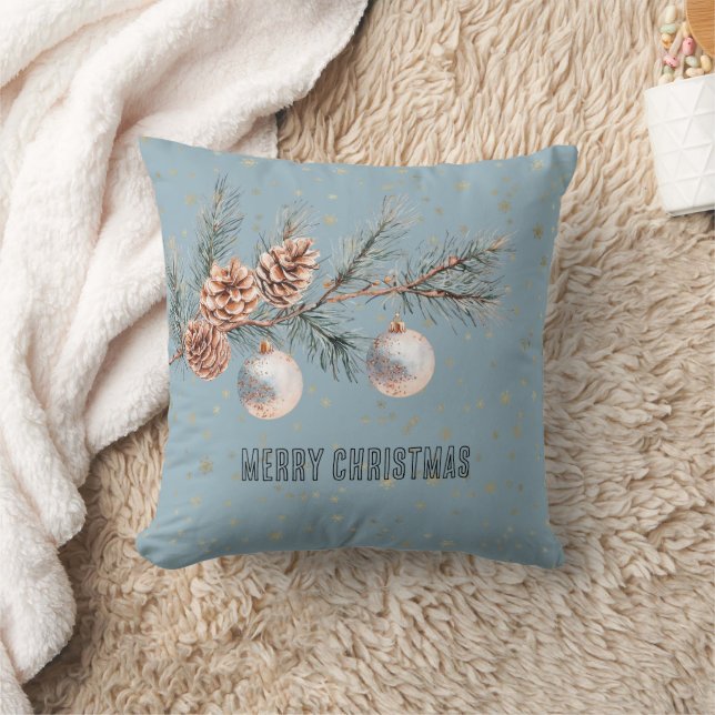 Blue Christmas Tree Pine Cones Ornaments   Throw Pillow (Blanket)