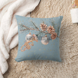 Blue Christmas Tree Pine Cones Ornaments Trumpet Throw Pillow