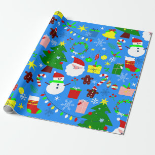 blue christmas tree santa claus wrapping paper