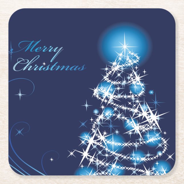 Blue Christmas Tree Square Paper Coaster (Front)