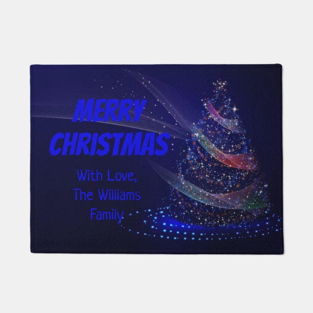 Blue Christmas Tree Stars String of Lights Elegant Doormat (Front)