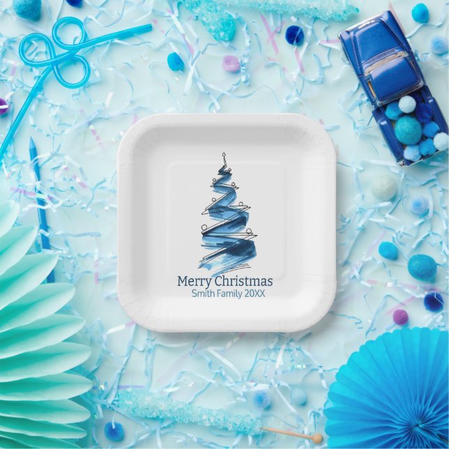 Blue Christmas Tree Watercolour  Paper Plate (Party)