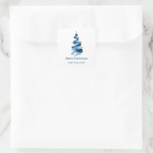 Blue Christmas Tree Watercolour Square Sticker