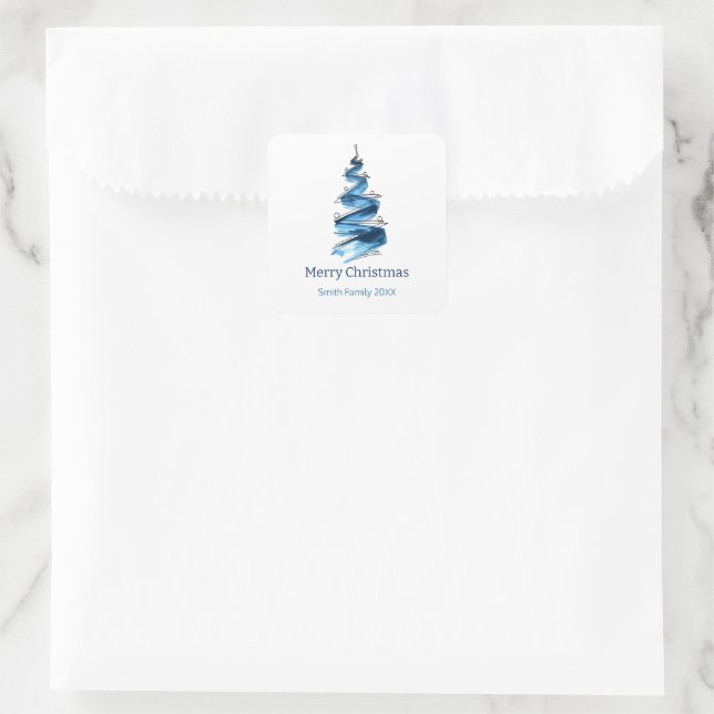 Blue Christmas Tree Watercolour  Square Sticker (Bag)