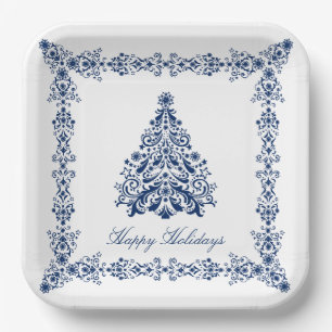 Blue Christmas Tree Your Background and Text  Paper Plate